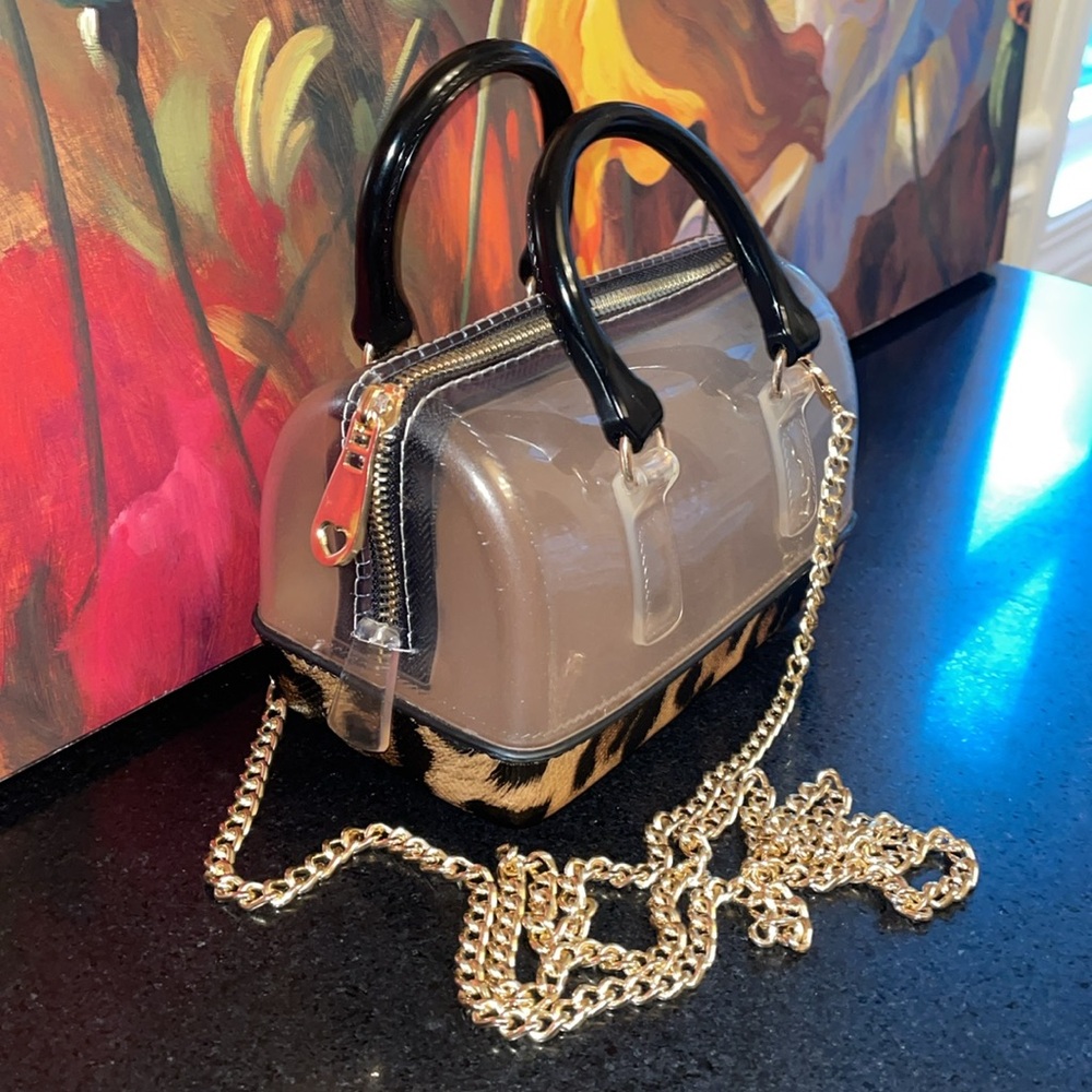 Small mini purse bag 
Semi clear/leopard animal print golden chain strap strong